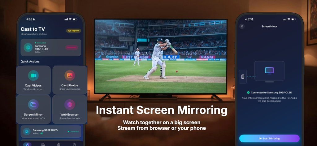 Cast to TV: Screen Share - iPhone app interface showing screen mirroring of a sports match to a Samsung smart TV