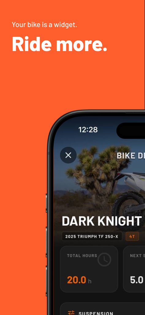 DirtTime app display showing ride hours and maintenance tracking for a Triumph dirt bike.