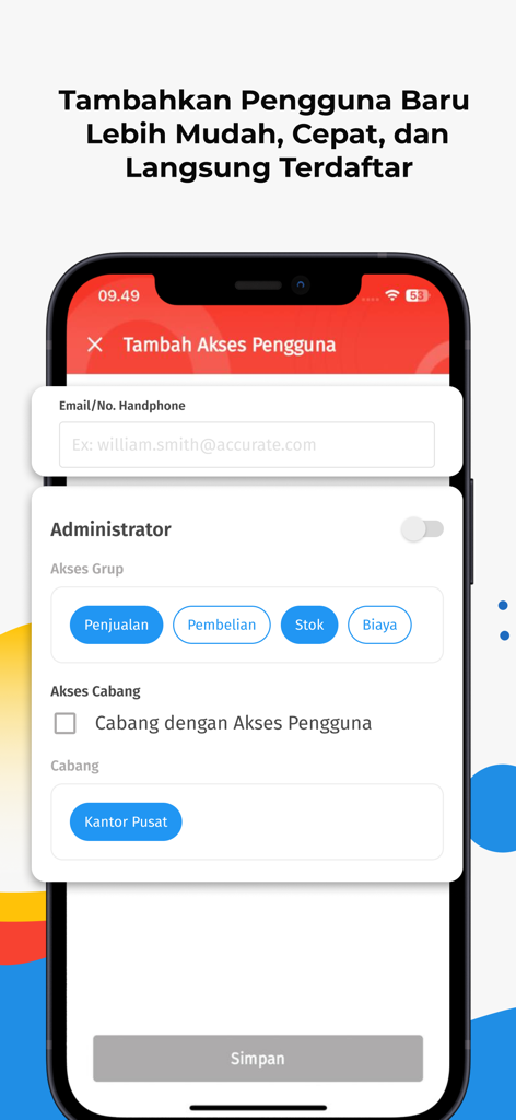 Accurate Lite - Mobile app interface for adding new users and setting access permissions in Accurate Lite