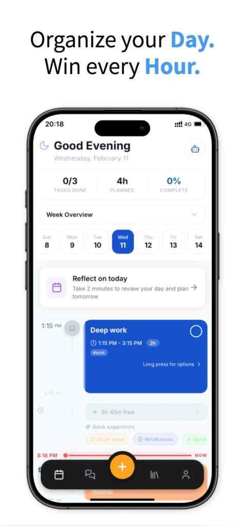 Growi: AI Productivity-Growth - Interface de l'application mobile Growi pour organiser les tâches quotidiennes et les sessions de travail approfondi