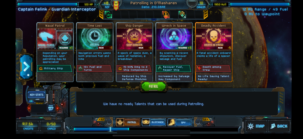 Star Traders Frontiers gameplay screen showing the patrolling mission with multiple event cards