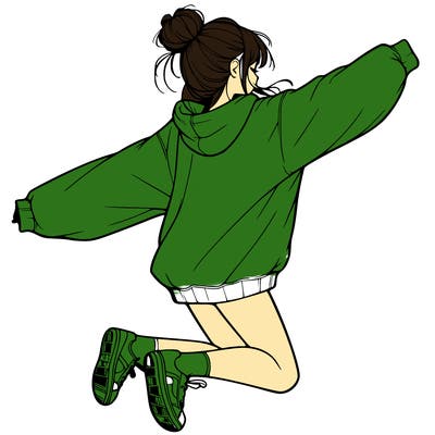 realistic girl jumping with a bun and oversized sweatshirt