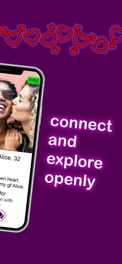PolyFinda app screen showing the slogan connect and explore openly next to a user profile preview of two women.