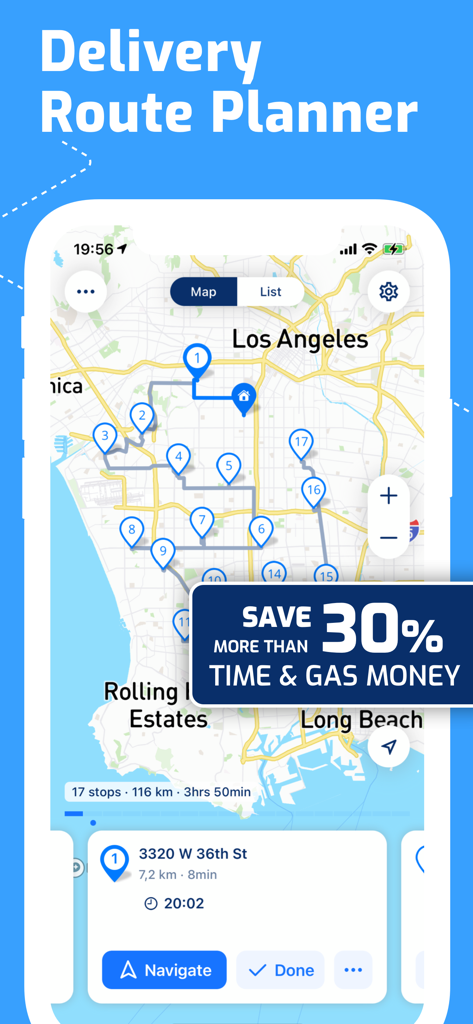 Aplicativo MyWay Delivery Route Planner mostrando uma rota otimizada com várias paradas em um mapa de Los Angeles