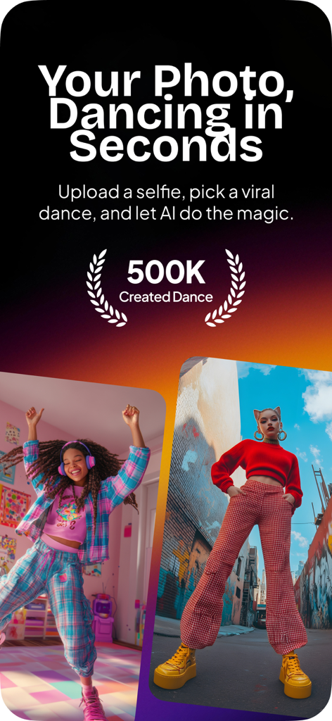 Yeah: AI Dance Video Generator - Pantalla promocional de la app Yeah AI Dance Video Generator con dos personajes generados por IA bailando y un hito de quinientas mil creaciones
