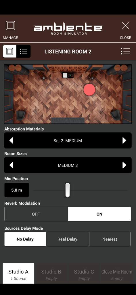 SWAM Double Bass Section - The Ambiente room simulator interface in SWAM Double Bass Section showing acoustic settings and virtual room layout