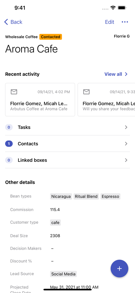 Streak mobile app interface showing a detailed deal view for a customer with activity history and sales data