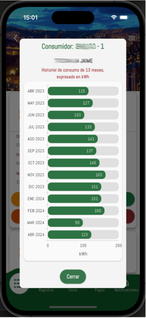 DELAPAZ APPLUZ - Gráfico del historial de consumo eléctrico mensual en la aplicación DELAPAZ APPLUZ.