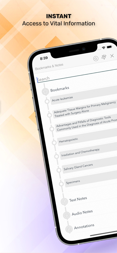 Washington Manual of Oncology - Washington Manual of Oncology app screen showing the bookmarks and notes section