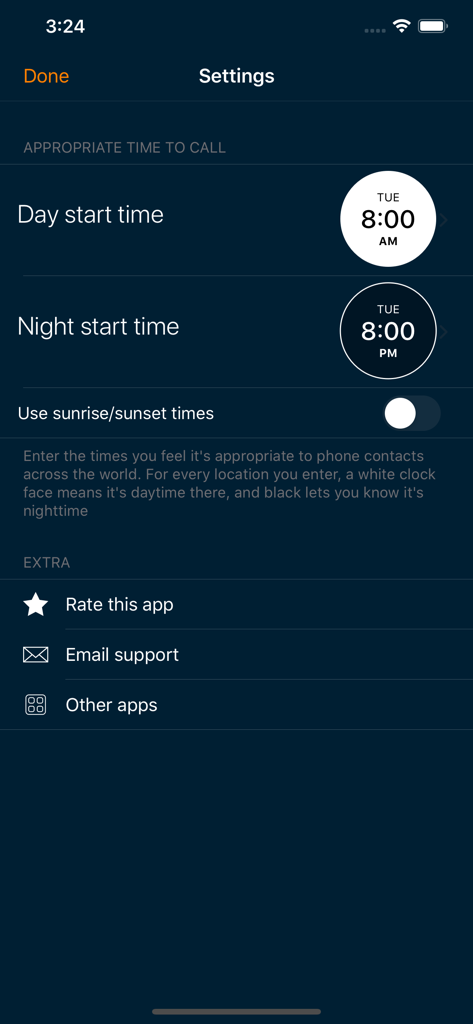 World Clock - Local Time - Settings menu for configuring day and night call times in the World Clock app