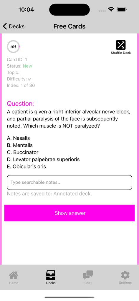 Interfaccia mobile dell'app ADA ADAT Q-Bank che mostra una domanda di pratica per l'esame dentale con opzioni a scelta multipla.