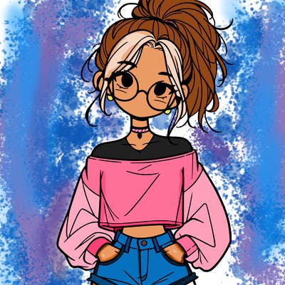 girl with a messy ponytail glasses a baggy crop top and jean shorts