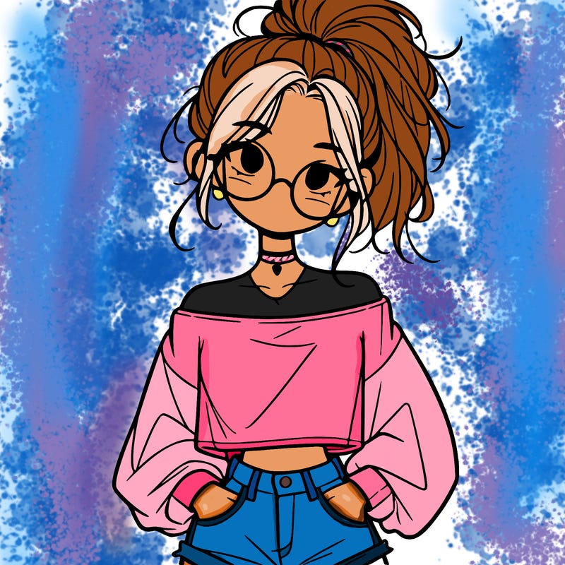 girl with a messy ponytail glasses a baggy crop top and jean shorts