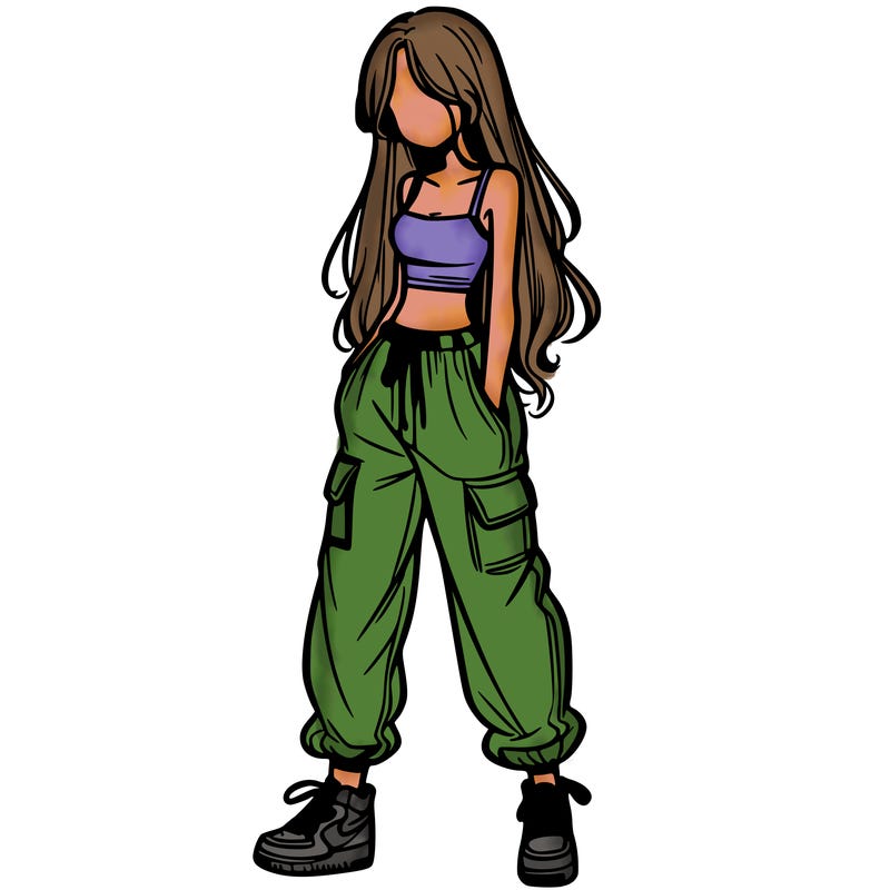 girl in baggy pants crop top and long hair