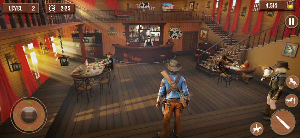 Wild West Cowboy Sniper RPG - Personaje vaquero de pie en el interior detallado de un saloon del Salvaje Oeste con gráficos 3D