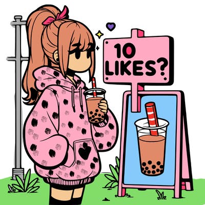 girl with oversized hoodie drinking boba and she has a high ponytail with a sign that says 10likes?
