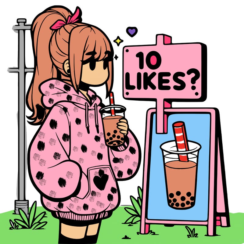 girl with oversized hoodie drinking boba and she has a high ponytail with a sign that says 10likes?
