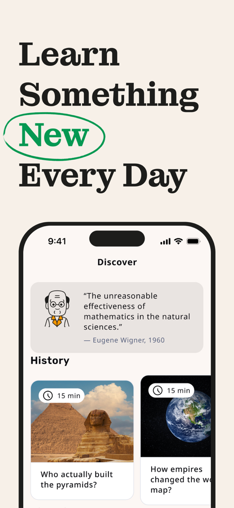Growbit - Daily Micro Learning - Interfaccia dell'app Growbit che mostra lezioni di micro-apprendimento quotidiane su storia e matematica