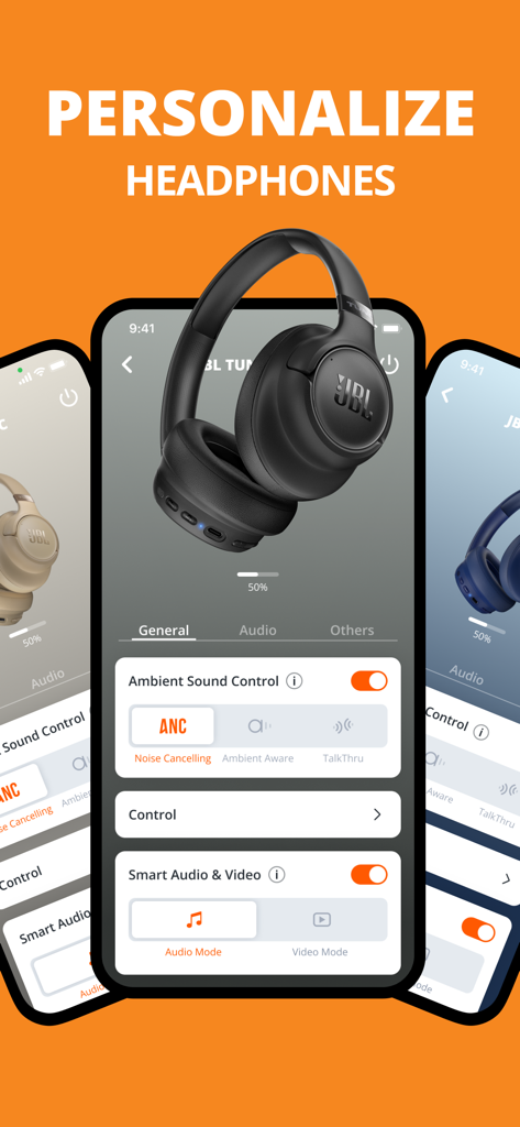 JBL Headphones app interface showing noise cancelling and ambient sound control settings