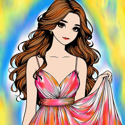 realistic girl in flowy silky prom dress