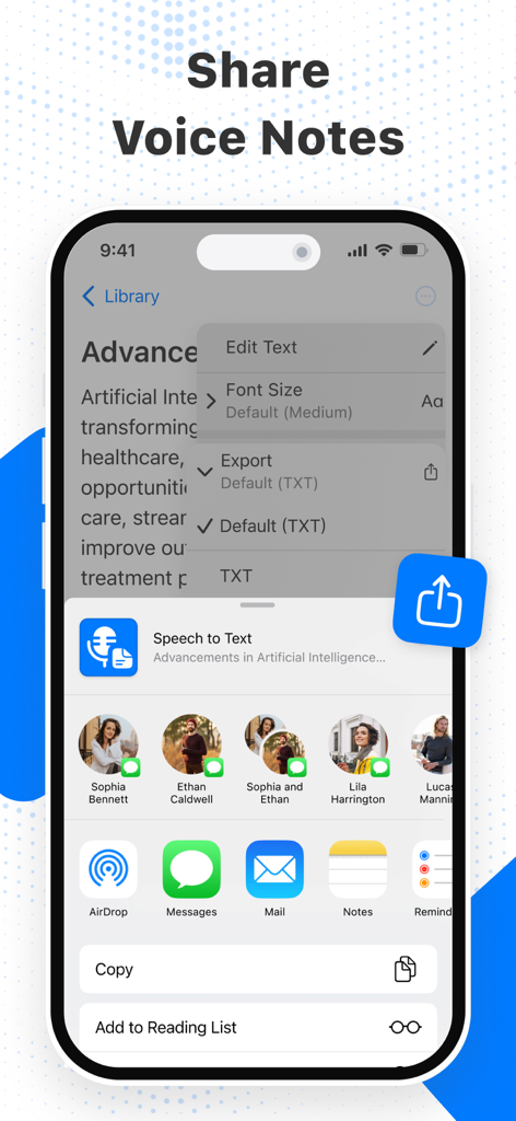 Transcribe – Speech to Text - Transcribeアプリでボイスメモや文字起こしを送信するためのエクスポートメニューとiOS共有シートが表示されるインターフェイス。
