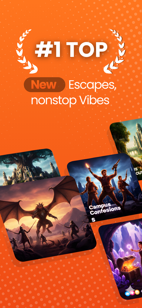 Magic TV - TV Shows And Movies - Pantalla promocional de la aplicación Magic TV que muestra pósteres de películas de moda y series de drama cortas sobre un vibrante fondo naranja.