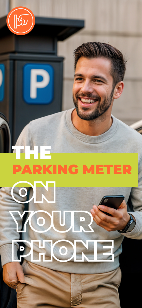 A man smiling while using his smartphone to pay for parking next to a street meter
