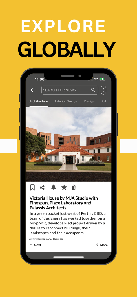 BLENDIN - Design News Inshort - Un teléfono móvil mostrando noticias de arquitectura en la aplicación BLENDIN con el texto Explora Globalmente arriba