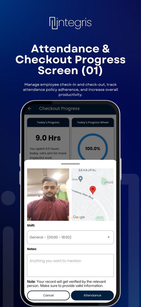 Integris: Attendance App - Interface do aplicativo Integris de frequência mostrando verificação de foto do funcionário e mapa de localização GPS para turnos de trabalho.