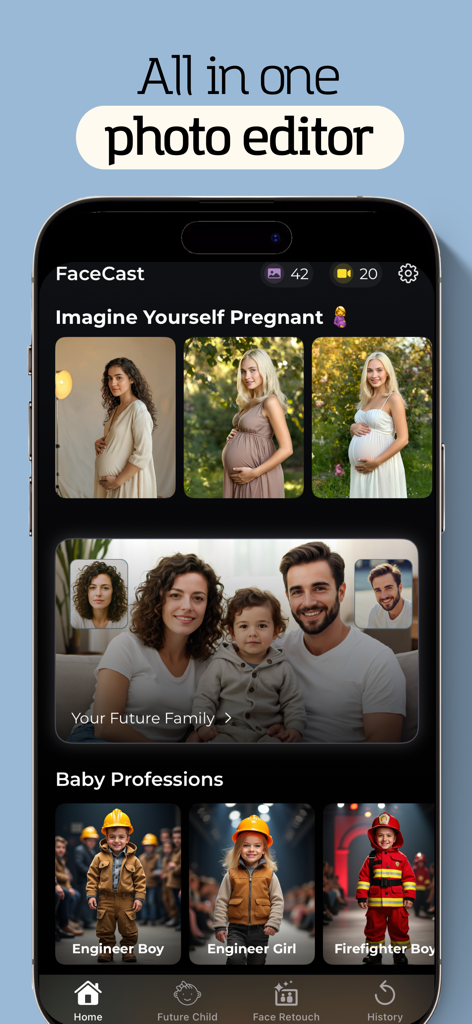 Écran d'accueil de l'application FaceCast montrant des photos de maternité IA et un générateur de famille future