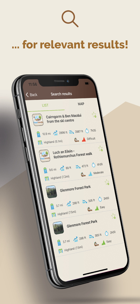 Visorando app screen displaying a list of curated walking routes with technical details including distance, duration, and difficulty level