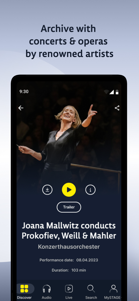 STAGE plus App-Bildschirm, der ein Klassikkonzert-Archiv mit der Dirigentin Joana Mallwitz zeigt