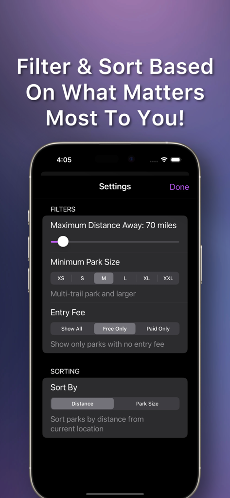 FL Parks: Map & Guide - Interface for filtering and sorting Florida state parks by distance and size