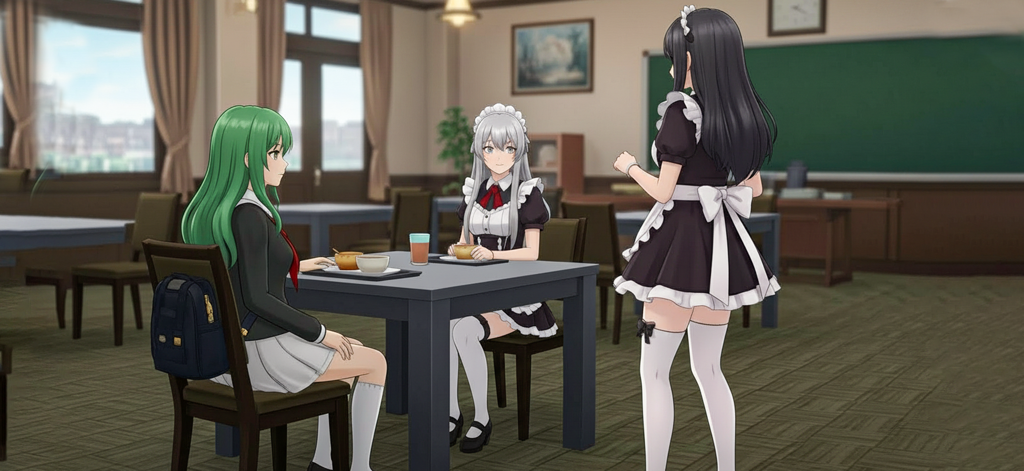 Anime Girl School Life Game 3D - Anime girls interacting in a school setting with characters in maid costumes and school uniforms