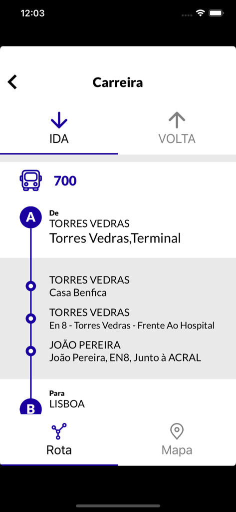 myBO - Interface of the myBO app showing bus route 700 from Torres Vedras to Lisbon with intermediate stops