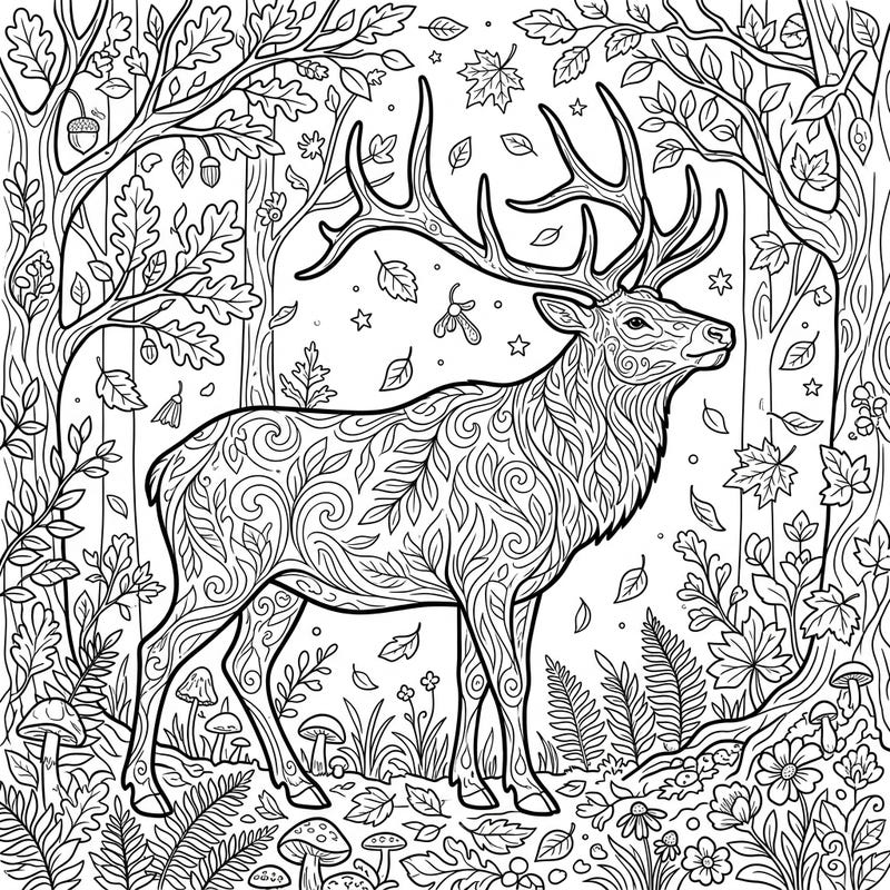 Unleash your creativity with this stunning adult coloring page featuring a grand elk amidst a vibrant autumn forest. Its intricate patterns and detailed natural elements promise hours of calming and engaging artistic expression.