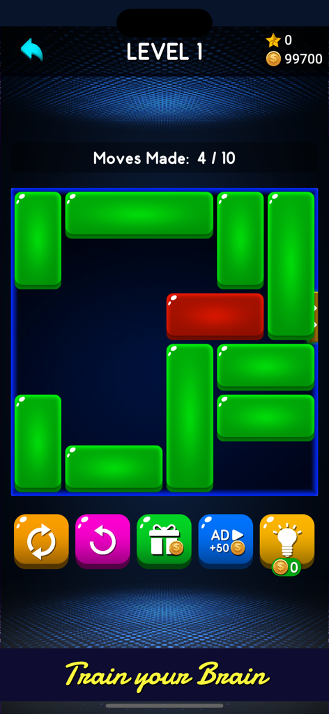 Q Block: Unblock Puzzle Board - Jogo Q Block Quebra-cabeça de Blocos Deslizantes mostrando o nível 1 com blocos deslizantes verdes e vermelhos