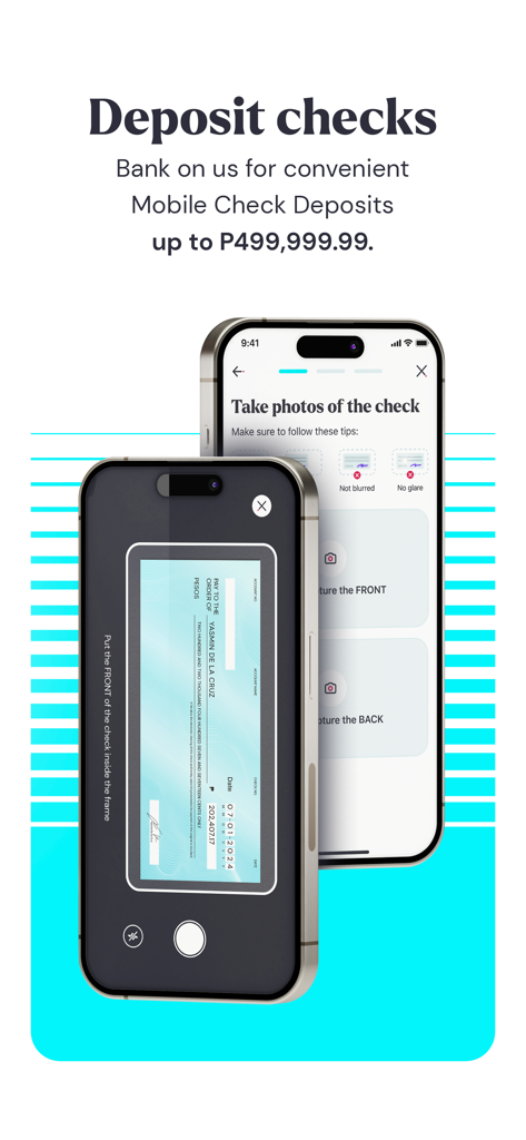 GoTyme Bank - GoTyme Bank app interface showing the mobile check deposit feature on a smartphone screen