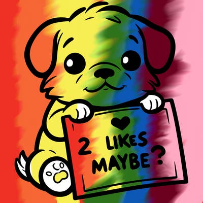 a puppy holding a sign that says 2 likes maybe?