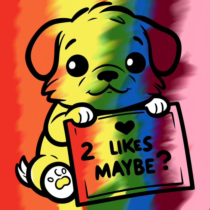 a puppy holding a sign that says 2 likes maybe?