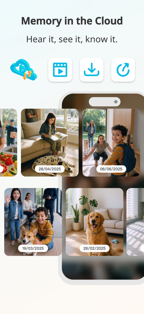 Blurams app screen showing cloud storage for video recordings with photos of family and pets