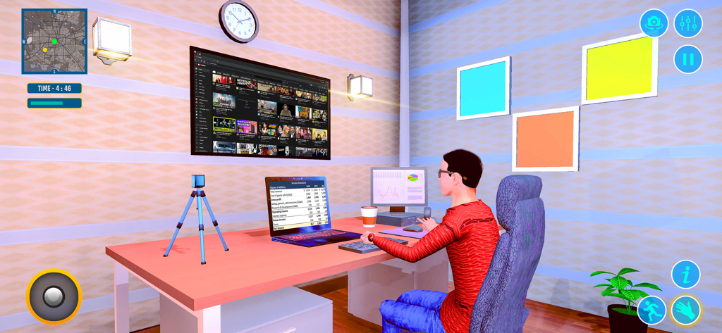 Viral YouTuber Life Simulator - Un personaje sentado en un escritorio en un estudio casero gestionando un canal de video digital en Viral YouTuber Life Simulator.