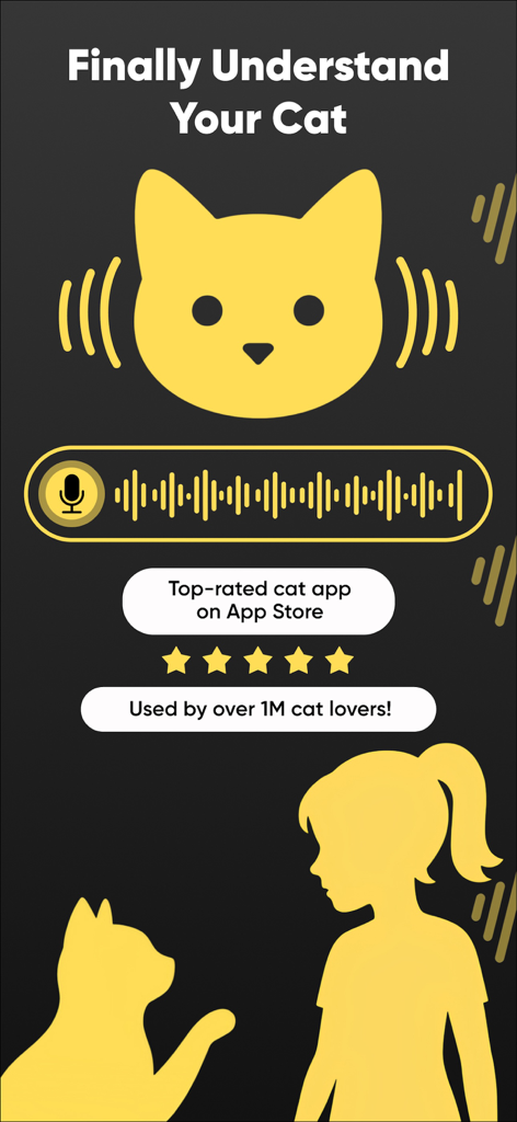 NeowTalk: Cat Translator - Pantalla promocional de la aplicación NeowTalk Cat Translator que muestra un ícono de gato y una forma de onda de grabación de voz.