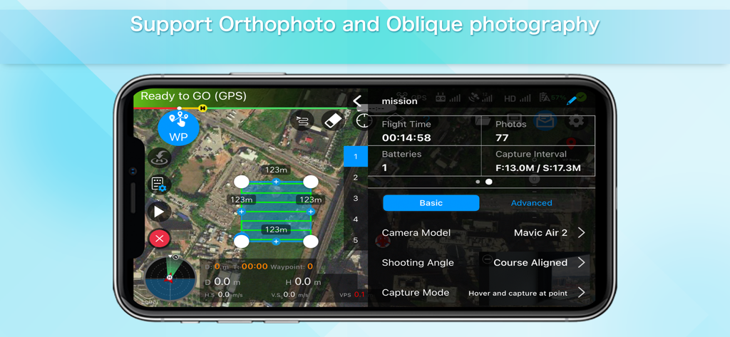 Interface of the Rainbow app for DJI drones showing an orthophoto and oblique photography mission planning screen on a mobile device.