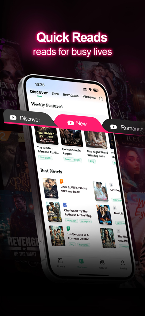 Booktok - Booktok Official App - Pantalla de smartphone mostrando la pestaña de descubrimiento de la aplicación Booktok con títulos de novelas románticas