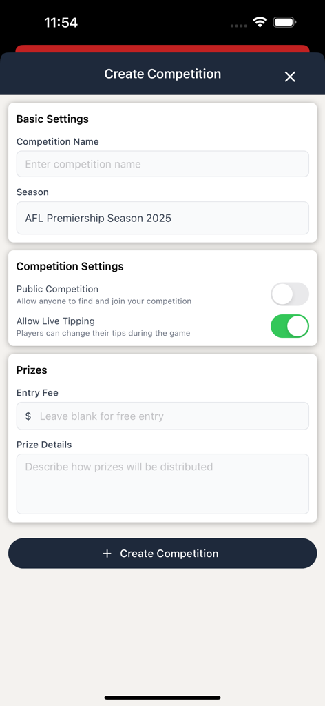 Interface for creating a custom AFL tipping competition with options for live tipping and prize details.