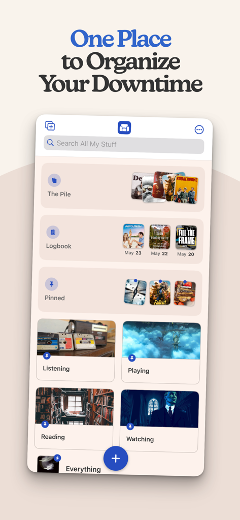Sofa: Downtime Organizer - Dashboard of the Sofa app showing categorized lists for movies, books, games, and podcasts.