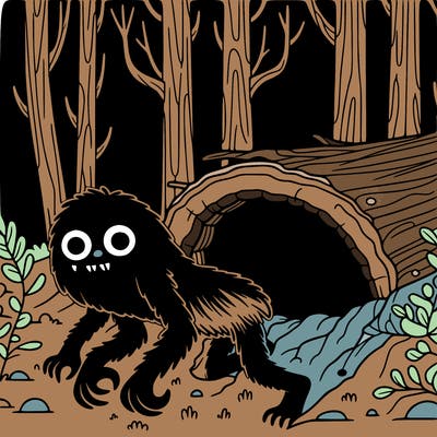 dark creepy monster crawling out of dark cave in forest