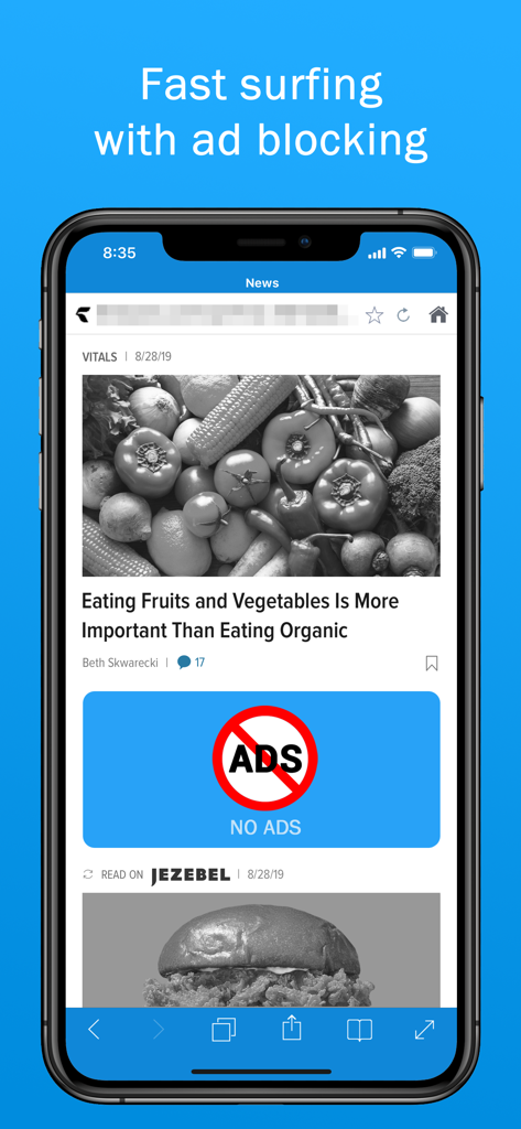 Smart Search & Web Browser - 내장 광고 차단 배너가 있는 뉴스 기사를 보여주는 스마트 검색 모바일 앱 인터페이스