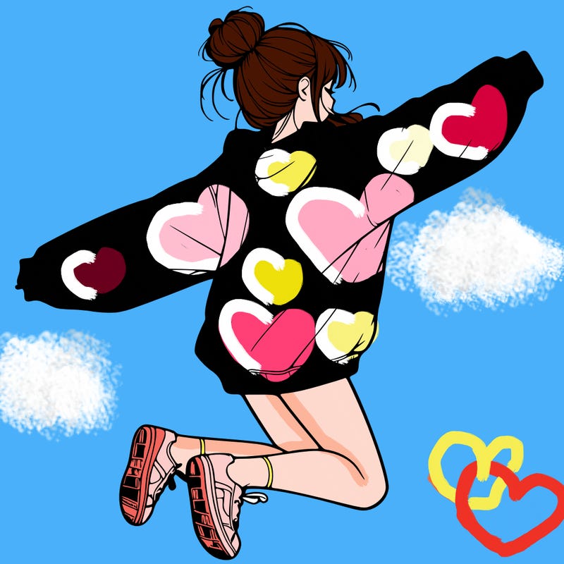 realistic girl jumping with a bun and oversized sweatshirt